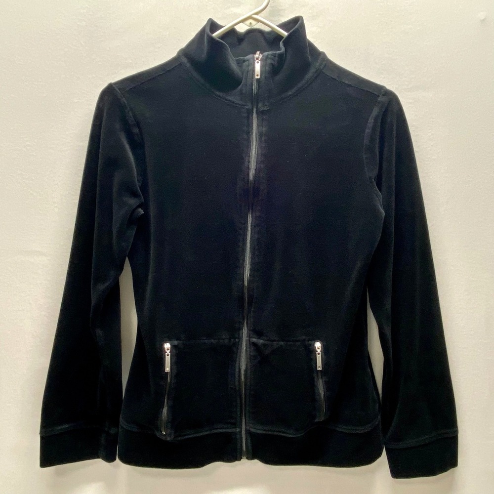 Merona Velour Full Zip Jacket Women's Small Black‎ Cadet Collar Casual Stretch